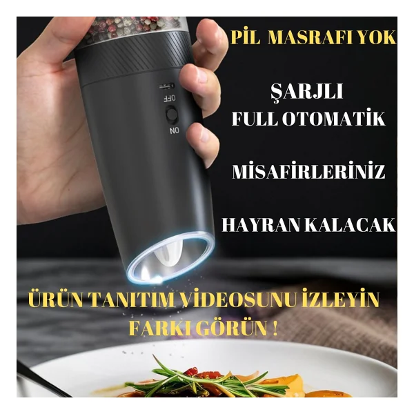 Wellq Şarjlı Işıklı Full Otomatik Yeni Nesil Tuz Karabiber Değirmeni Baharat Öğütücü - Görsel 2