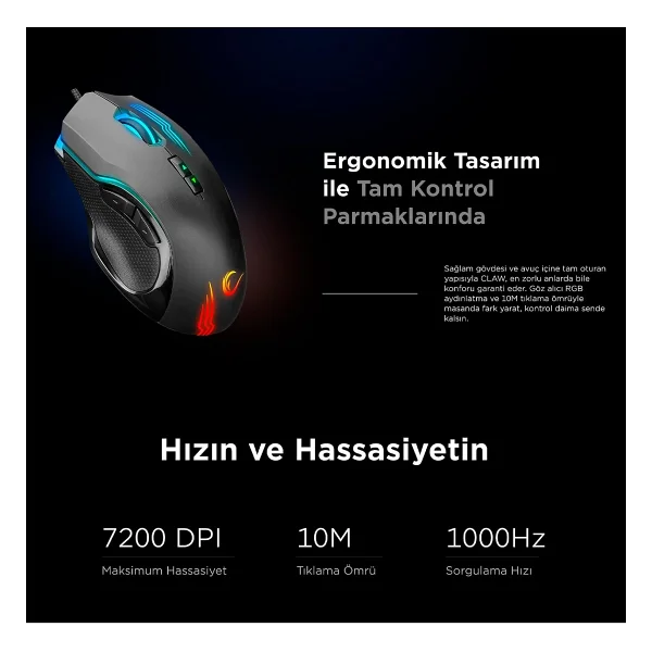 Rampage Smx-G38 Claw RGB Makrolu Optik Kablolu Oyuncu Mouse - Görsel 4