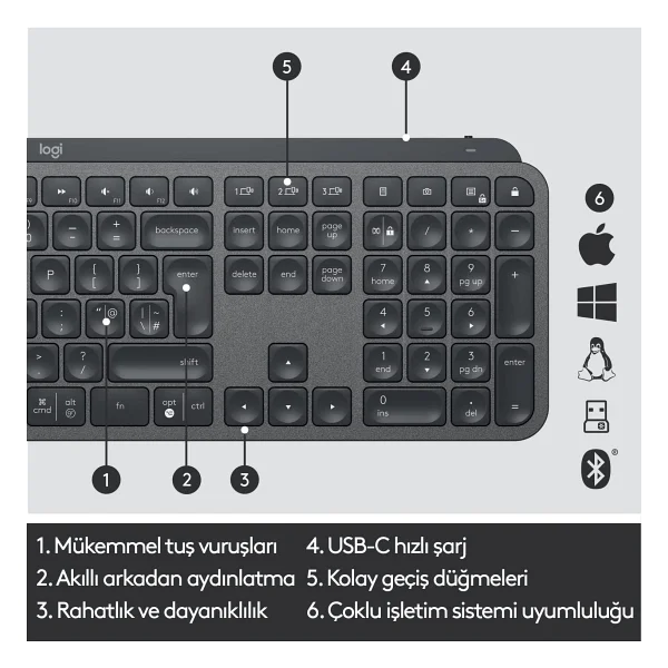 Logitech MX Keys Kablosuz Kurumsal Siyah 920-010254 Klavye - Görsel 5