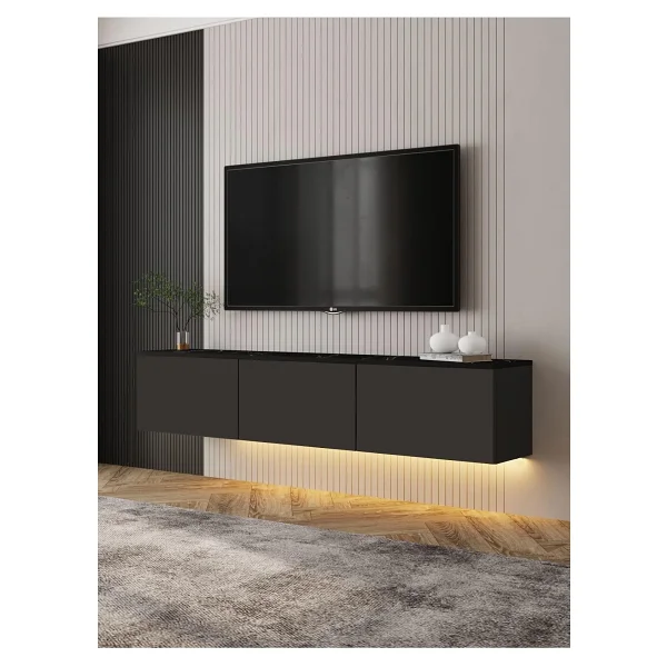 İnarch Dizayn Neon Led Işıklı Duvara Monte, 3 Kapaklı Tv Sehpası - 160 Cm - Modern Tasarım, Antrasit(Mermer Desen) - Görsel 6