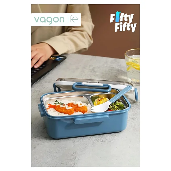 Vagonlife Tek Kat Çift Bölme Bento Lunch Box Ofis-Okul İçin Yeni Nesil Sefer Tası Paslanmaz Çelik 588 - Görsel 4