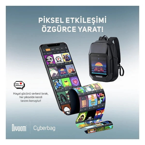 Divoom Pixoo Cyberbag Siyah Piksel LED Ekranlı Sırt Çantası - Görsel 9