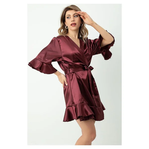 Doremi Kuşaklı Fırfırlı Saten Sabahlık Pudra XL-XXL - Görsel 9