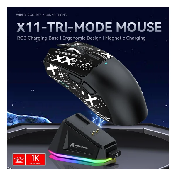 Attack Shark X11 Siyah Şarjlı Makrolu Ergonomik Optik Kablolu/Kablosuz Oyuncu Mouse - Görsel 2