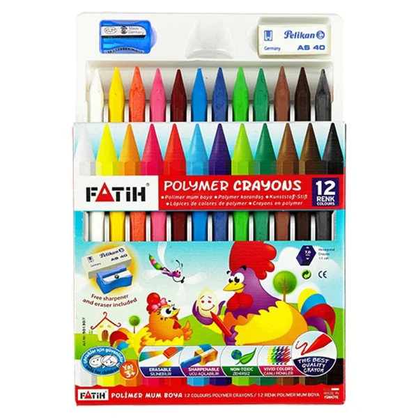 Fatih 12 Renk Uzun Crayon (Mum Boya) Pelikan Silgi+Kum Kalemtıraş Hediyeli - Görsel 2