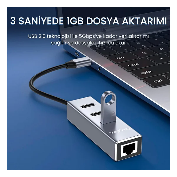 Veggieg USB Type-C To 100mbps Ethernet Çevirici Ve 3 Portlu USB Hub Çoklayıcı - Görsel 4
