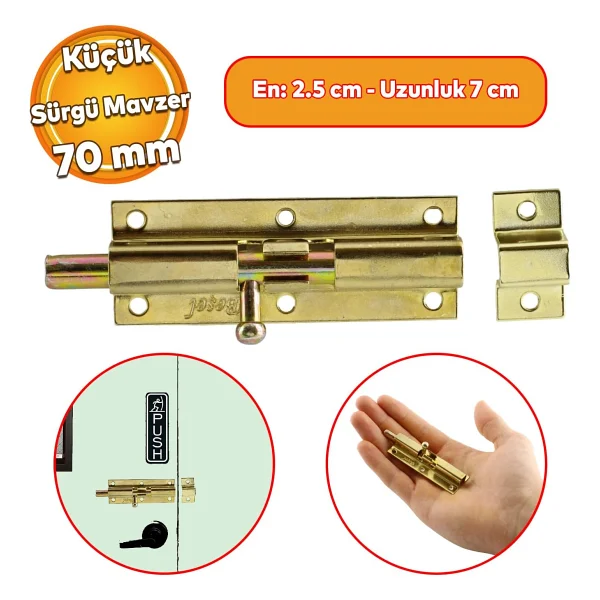 Badem10 Küçük Mavzer Sürgü Sürgülü Sürgüsü Kilit Sarı 25x70 Mm Kapı Pencere Emniyet Kilidi Metal Prinç Sarı - Görsel 2