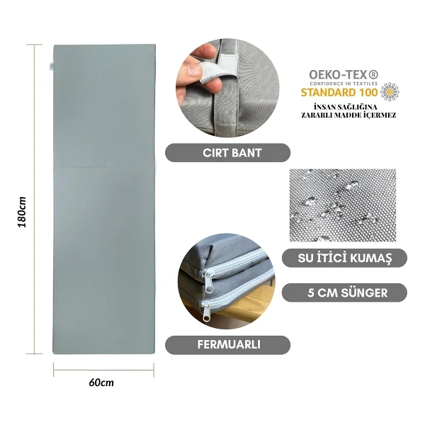 Bysay Taşınır Katlanır Şezlong Minderi Kamp Minderi Su İtici Kumaş Fermuarlı 5 CM(Gri) - Görsel 3