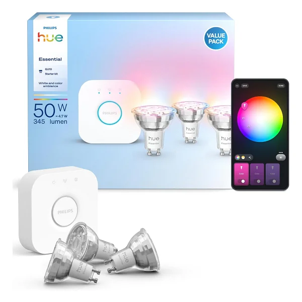 Philips Hue Essential 345 4.7 W-50 W GU10 3'lü Spot Akıllı LED Ampul + Bridge Başlangıç Seti - Görsel 2