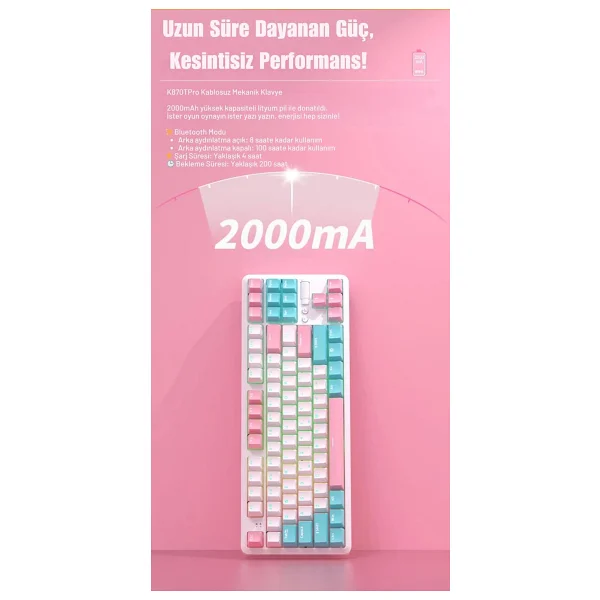 Ajazz K870t Pro Beyaz RGB Tkl Red Switch Kablolu/Kablosuz Mekanik Oyuncu Klavyesi - Görsel 8