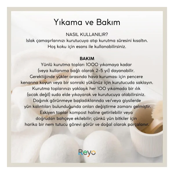 Reyo Yün Çamaşır Kurutma Makinası Topu 3 Adet XL %100 Organik Beyaz - Görsel 6