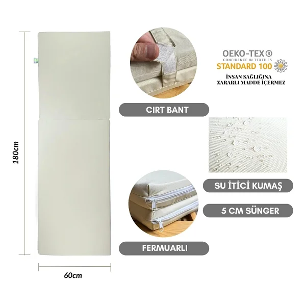Bysay Taşınır Katlanır Şezlong Minderi Kamp Minderi Su İtici Kumaş Fermuarlı 5 CM(Krem) - Görsel 3