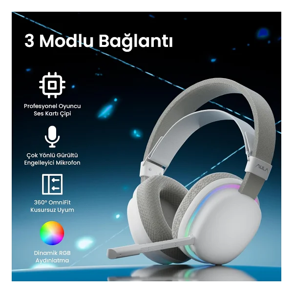 Aula G7 Beyaz RGB Kablolu/Kablosuz Kulak Üstü Oyuncu Kulaklığı - Görsel 2