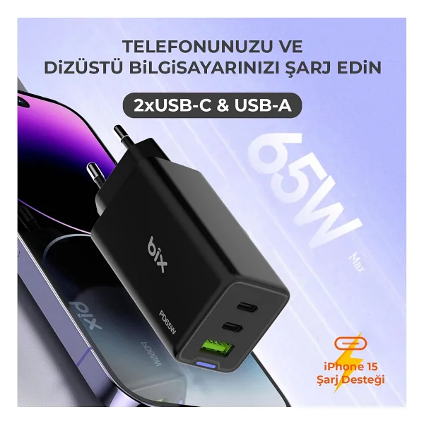Bix Bx3p66g 65 W Siyah Hızlı Şarj Adaptörü - Görsel 5
