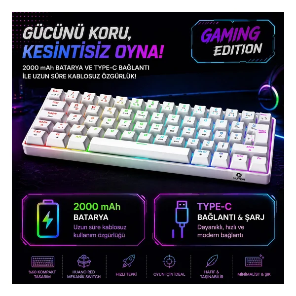 Gravion Kyra MK61 Rgb Mekanik Gaming Oyuncu Klavye 61 Tuş, Kablosuz Bluetooth + 2.4g + Kablolu, Red Switch, 2000MAH - Beyaz - Görsel 8