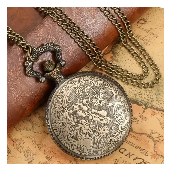 Valkyrie Zarif Kabartma Çiçek Desenli Vintage Bronz Cep Saati - Kolye Köstekli Retro Hediye - Görsel 7
