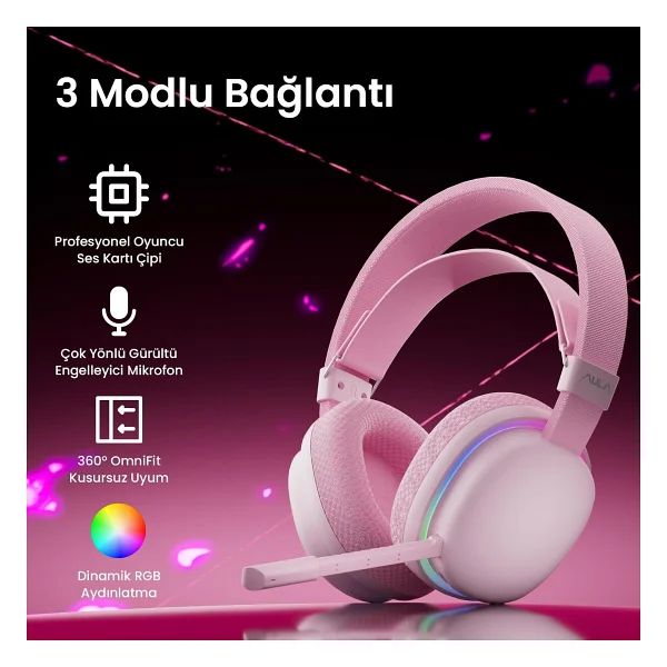 Aula G7 Pembe RGB Kablolu/Kablosuz Kulak Üstü Oyuncu Kulaklığı - Görsel 2