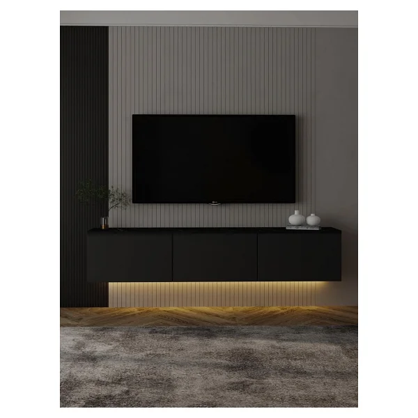 İnarch Dizayn Neon Led Işıklı Duvara Monte, 3 Kapaklı Tv Sehpası - 160 Cm - Modern Tasarım, Antrasit(Mermer Desen) - Görsel 7
