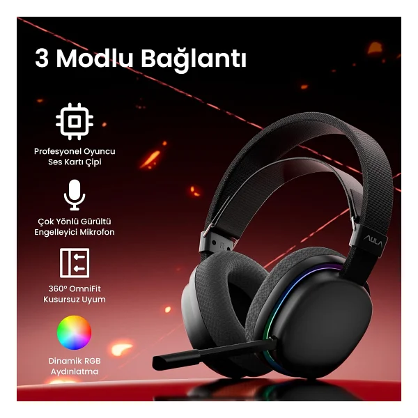 Aula G7 Siyah RGB Kablolu/Kablosuz Kulak Üstü Oyuncu Kulaklığı - Görsel 2