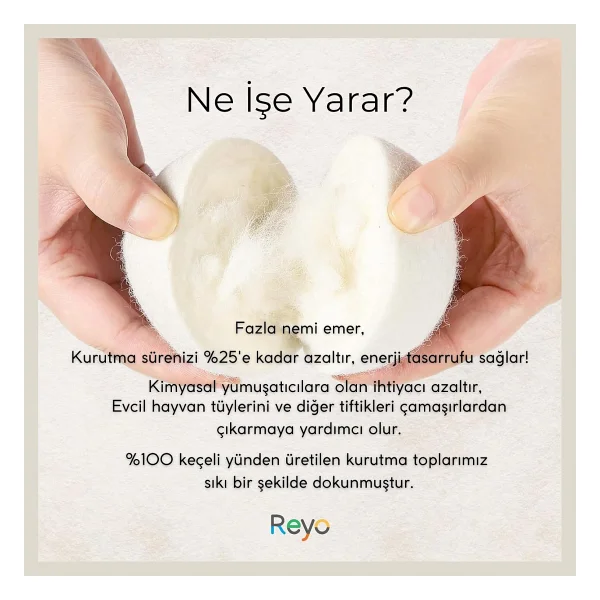 Reyo Yün Çamaşır Kurutma Makinası Topu 3 Adet XL %100 Organik Beyaz - Görsel 5