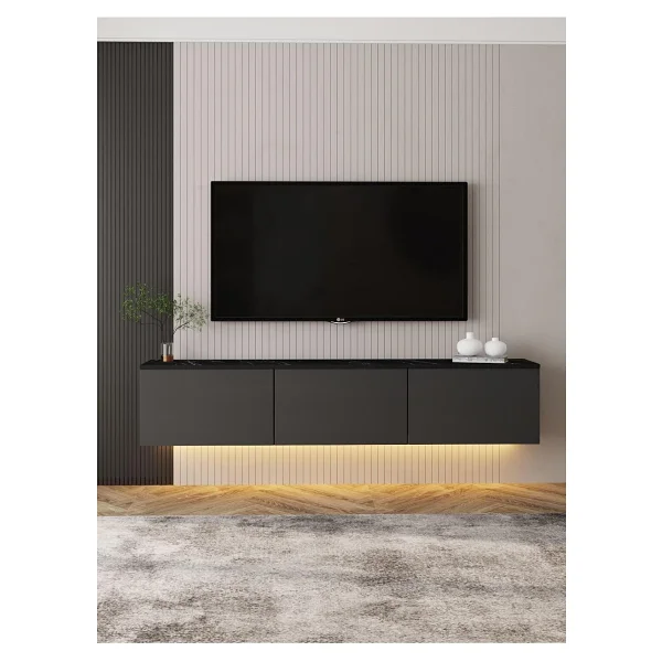 İnarch Dizayn Neon Led Işıklı Duvara Monte, 3 Kapaklı Tv Sehpası - 160 Cm - Modern Tasarım, Antrasit(Mermer Desen) - Görsel 2