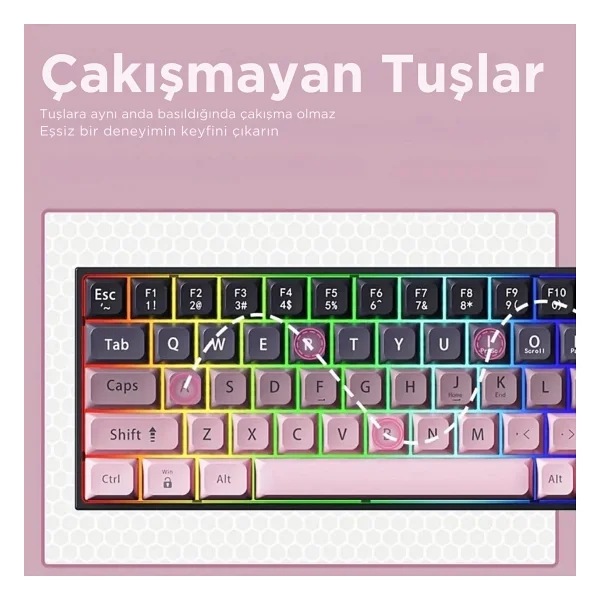 Ajazz Ak680 Pembe %65 Tkl Brown Switch Kablolu Mekanik Oyuncu Klavyesi - Görsel 5