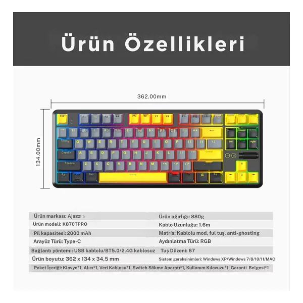 Ajazz K870T Pro Siyah RGB TKL Brown Switch Kablolu/Kablosuz Mekanik Oyuncu Klavyesi - Görsel 5