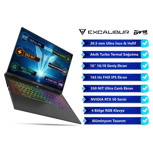 Casper Excalibur G915.1362-EX60X-C i7-13620H 64 GB 2 TB SSD RTX5060 16" WUXGA Gaming Laptop - Görsel 3