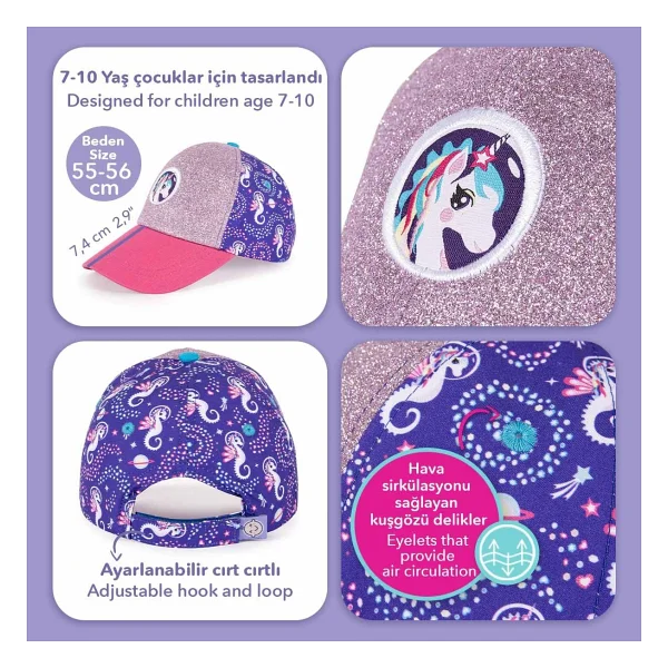 Milk&Moo Ayris 7-10 Yaş Kız Çocuk Şapkası - Unicorn Temalı, Simli Pembe Ve Mor Renkli, Ayarlanabilir Ve Nefes Alabilir Tasarım - Görsel 6