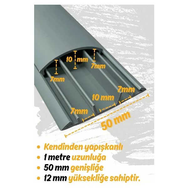 1m Kendinden Yapışkanlı 50x12mm Gri Balık Sırtı Kablo Kanalı - 1 Metre - Görsel 3