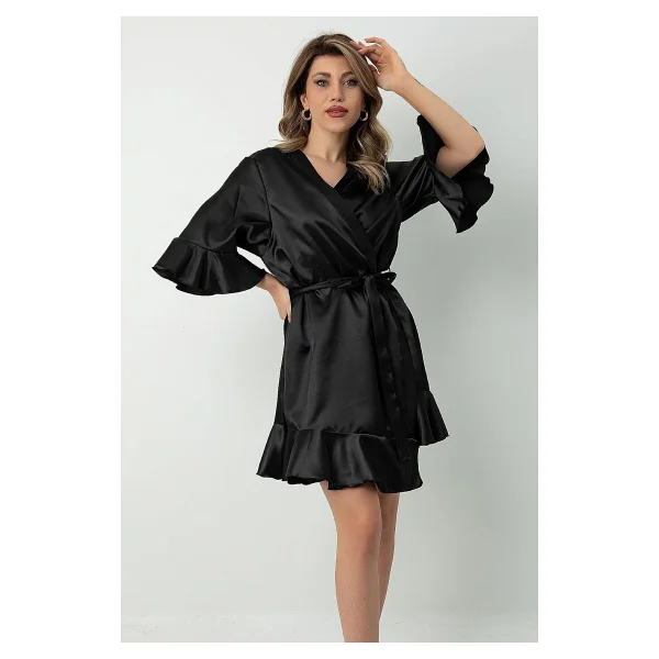 Doremi Kuşaklı Fırfırlı Saten Sabahlık Siyah L-XL - Görsel 5