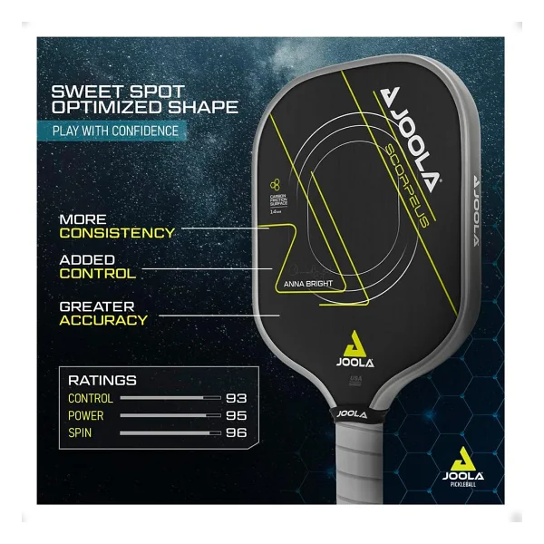 JOOLA Anna Bright Scorpeus Pickleball Paddle w/Artırılmış Güç ve Hissetme için Ücretli Yüzey Teknolojisi - Daha Büyük Tatlı Nokta ile Tamamen Kaplanmış Karbon Fiber Turşu Küreği - USAPA Onaylı. 14 mm - Görsel 8