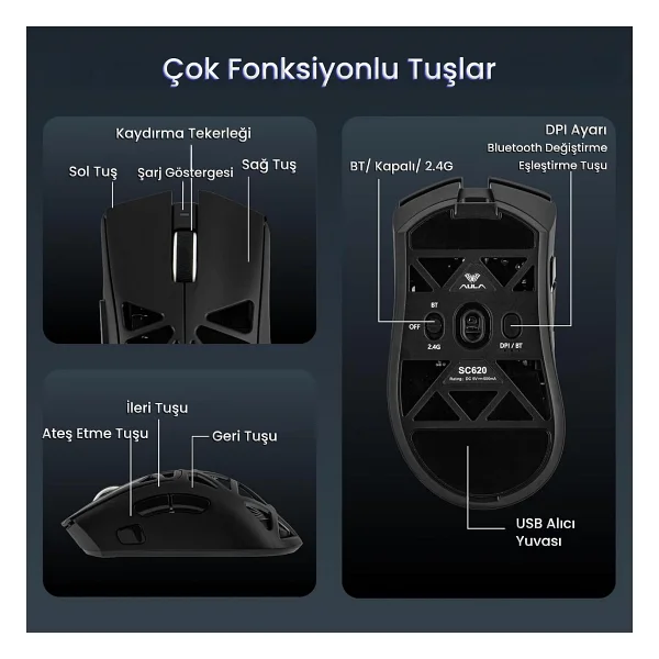 Aula Sc620 Siyah Şarjlı Optik Kablolu/Kablosuz Oyuncu Mouse - Görsel 6
