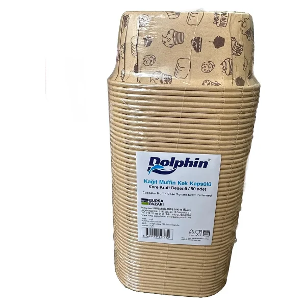 Dolphin Muffin Kare Kağıt Kraft Desenli Sarı Kek Kalıbı Kapsülü Kabı - 50 Adetlik 10 Paket - Görsel 2