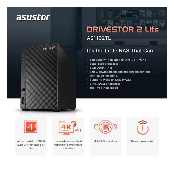 Asustor Drivestor 2 Lite As1102tl 1 GB 2 Yuvalı Nas Depolama Ünitesi - Görsel 6
