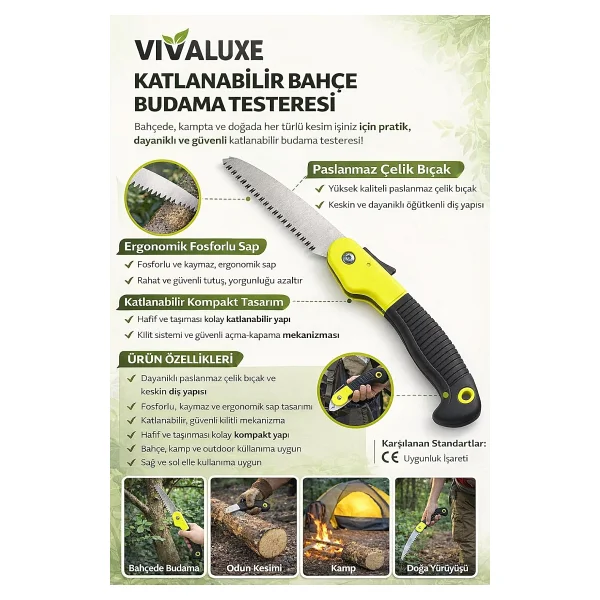 Vıvaluxe Katlanabilir Bahçe Budama Testeresi - Fosforlu Sarı Ergonomik Sap, Paslanmaz Çelik Bıçak, Ağaç Dalı Ve Kamp İçin El Testeresi - Görsel 2