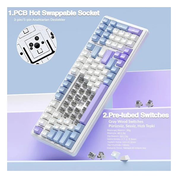 Aula F99 RGB Graywood V4 Switch Kablolu/Kablosuz Mekanik Oyuncu Klavyesi - Görsel 6