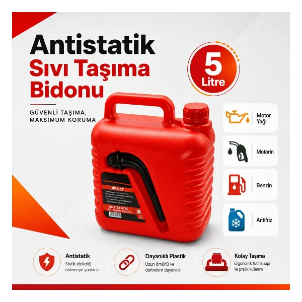 Badem10 Boşaltma Borulu Plastik Antistatik Benzin Bidonu 5 Litre Akaryakıt Mazot Taşıma Doldurma Depolama - Görsel 3