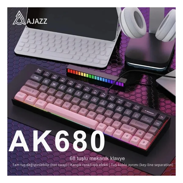Ajazz Ak680 Pembe %65 Tkl Brown Switch Kablolu Mekanik Oyuncu Klavyesi - Görsel 2
