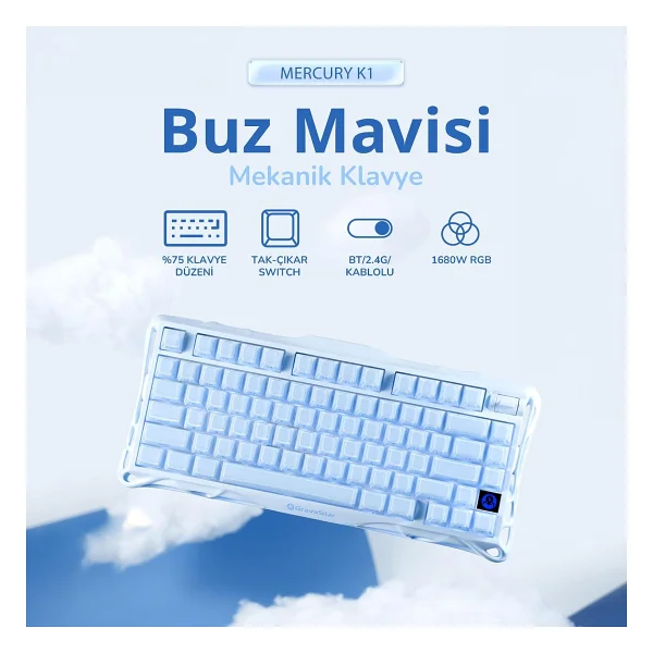 Gravastar Mercury K1 Special Edition Mavi RGB %75 Tkl Kailh Cherry Pink Switch Kablolu/Kablosuz Mekanik Oyuncu Klavyesi - Görsel 2