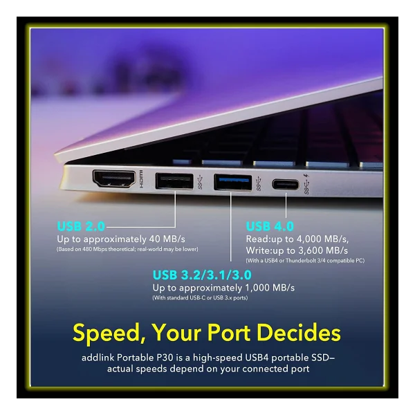 Addlink P30 1tb 4000-3600 MB/S USB 4.0 (40gbps) Type-C Portable Taşınabilir SSD Ad1tbp30b4k - Görsel 7