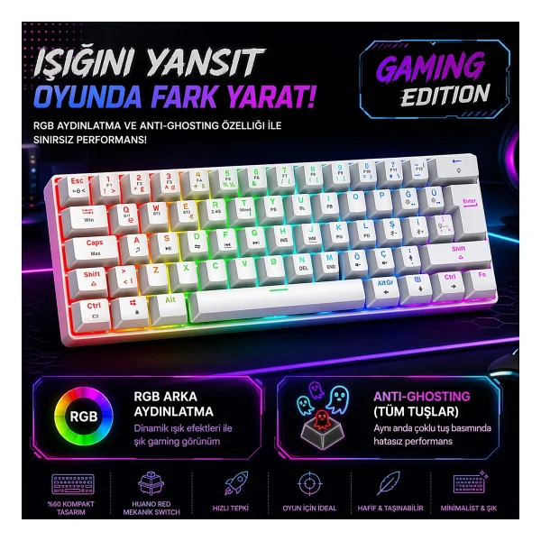 Gravion Kyra MK61 Rgb Mekanik Gaming Oyuncu Klavye 61 Tuş, Kablosuz Bluetooth + 2.4g + Kablolu, Red Switch, 2000MAH - Beyaz - Görsel 4