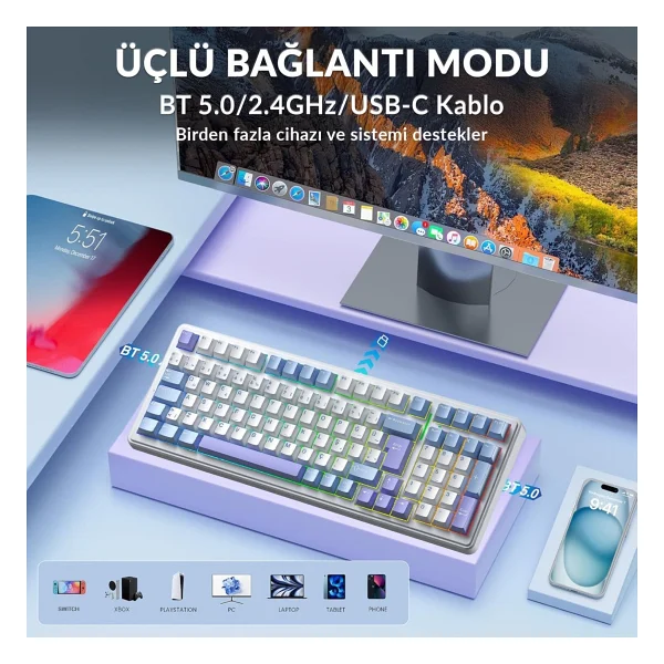 Aula F99 RGB Graywood V4 Switch Kablolu/Kablosuz Mekanik Oyuncu Klavyesi - Görsel 3
