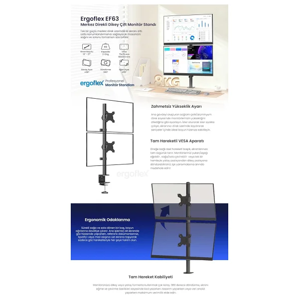 Ergoflex Ef63 13-32 İnç İki Kollu Monitör Standı - Görsel 8