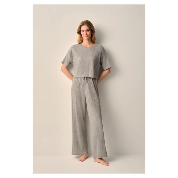 Suwen Dora Pamuklu Pijama Takımı - Gri Melanj - XL - Görsel 2