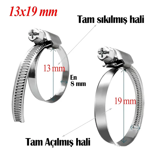 Hortum Kelepçesi Tork Ayarlı 13x19 Mm Paslanmaz Çelik Boru Metal Kelepçe Ayarlanabilir Klips 5 Adet - Görsel 2