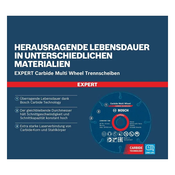 Bosch 1x EXPERT Carbide Multi Wheel Kesici Diskler (Sert ahşap, Çivili ahşap, Plastik, Alçıpan panel, Ø 76 mm, Aksesuar Mini Avuç Taşlama Makinesi) - Görsel 5