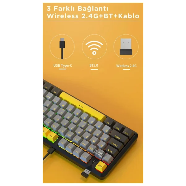 Ajazz K870T Pro Siyah RGB TKL Brown Switch Kablolu/Kablosuz Mekanik Oyuncu Klavyesi - Görsel 3