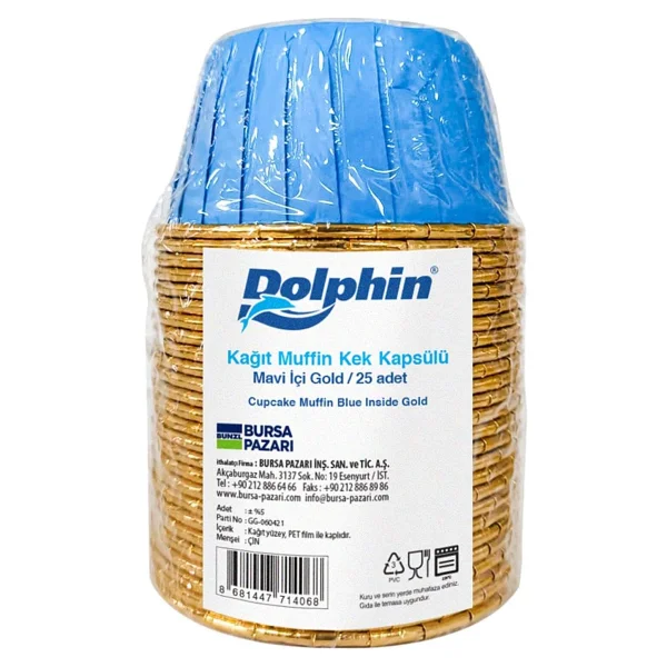 Dolphin Muffin Kağıt Karton Altın Mavi Cupcake Kek Kalıbı Kapsülü Kabı - 25 Adetlik 10 Paket - Görsel 2