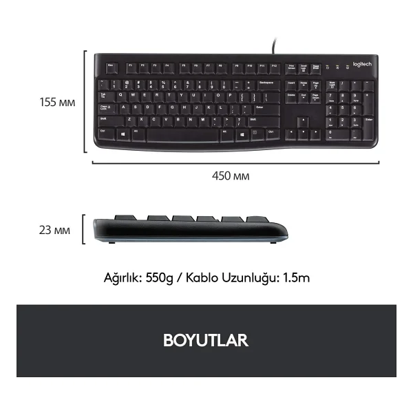 Logitech MK120 Türkçe Kablolu USB Standart Siyah Q Klavye+Mouse - Görsel 3